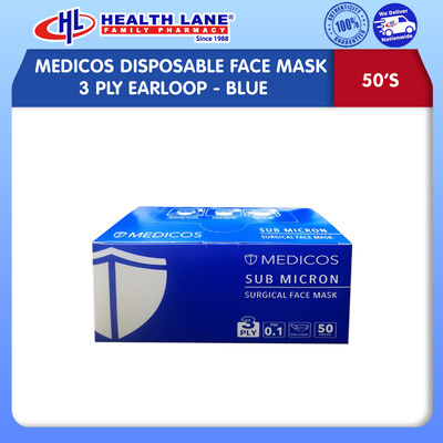 MEDICOS SURGICAL DISPOSABLE FACE MASK 3 PLY EARLOOP- BLUE (50'S)